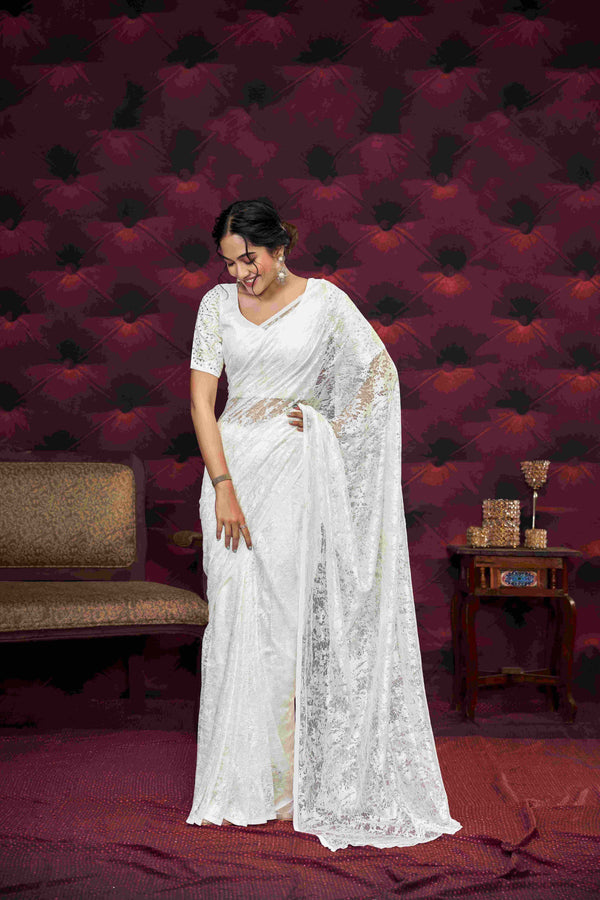 Moonlit Veil: The White Net Saree